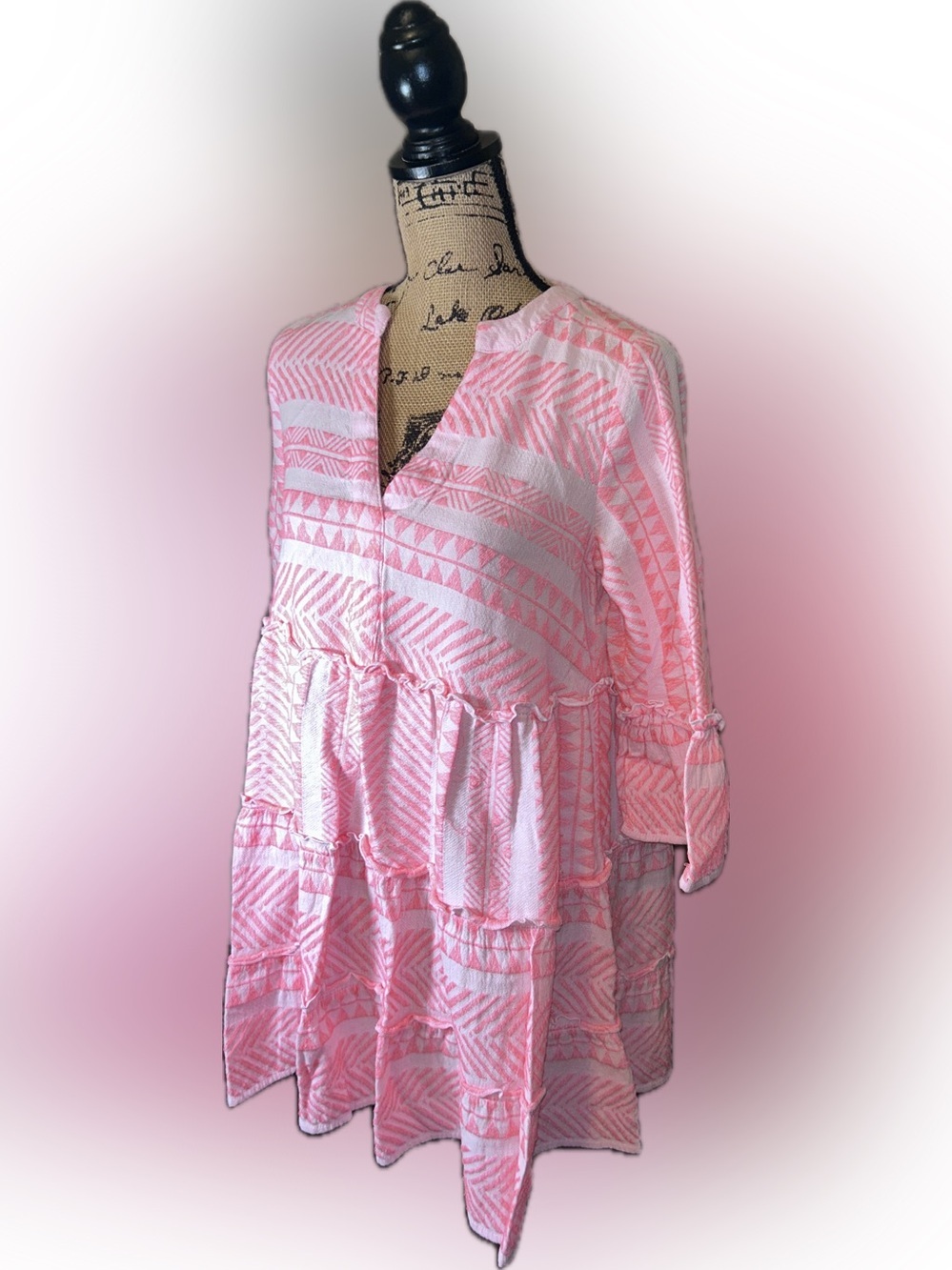 Mud Pie Renee Hot Pink Yarn Dye Tiered V-Neck Mini Dress S - Picture 7 of 14